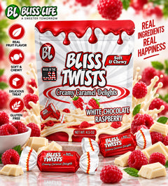 Bliss Twists - Bite sized caramel candies -White Chocolate Raspberry