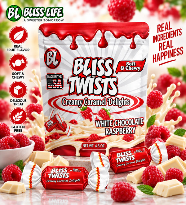Bliss Twists - Bite sized caramel candies -White Chocolate Raspberry