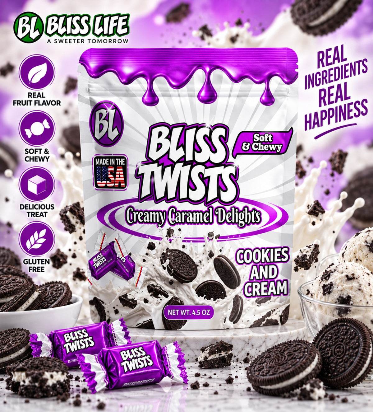 Bliss Twists - Bite sized caramel candies - Cookies and Cream