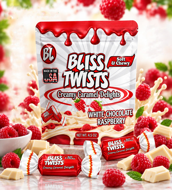 Bliss Twists - Bite sized caramel candies -White Chocolate Raspberry