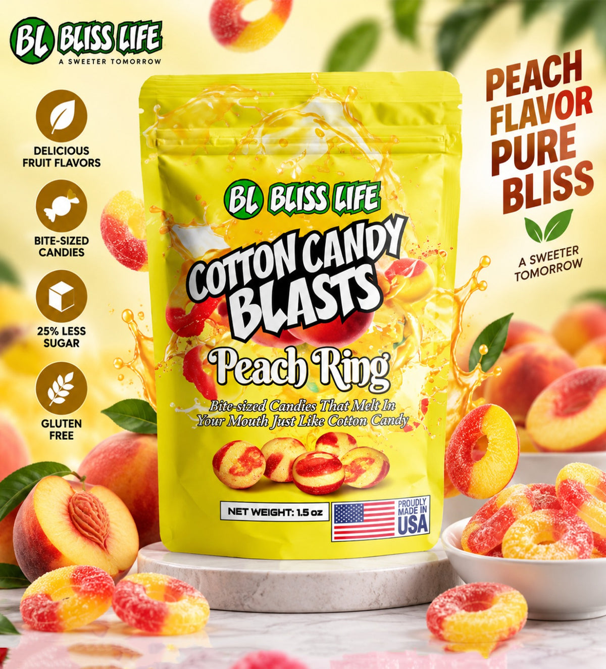 Cotton Candy Blasts - Peach Ring Flavor - Bite Sized candies that melt in your mouth just like Cotton Candy
