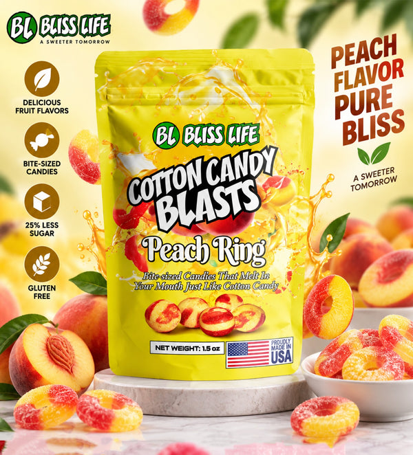 Cotton Candy Blasts - Peach Ring Flavor - Bite Sized candies that melt in your mouth just like Cotton Candy