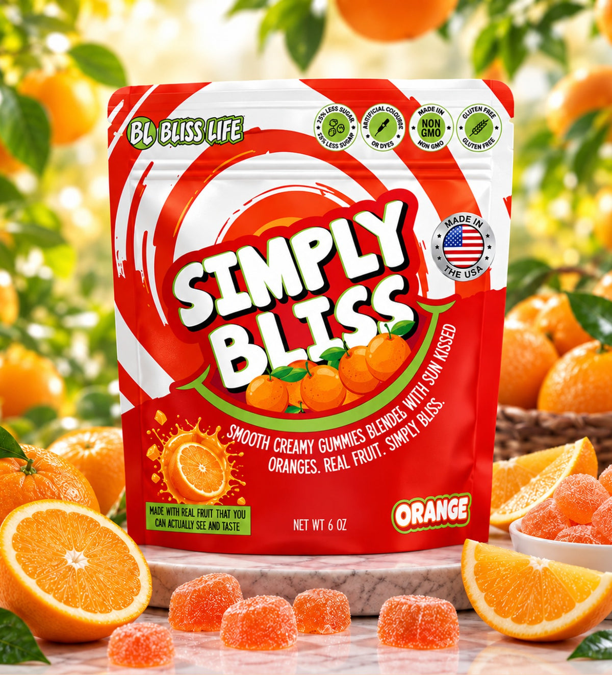 Simply Bliss - REAL Fruit Gummies - Orange - 6oz large bag 60+ gummies