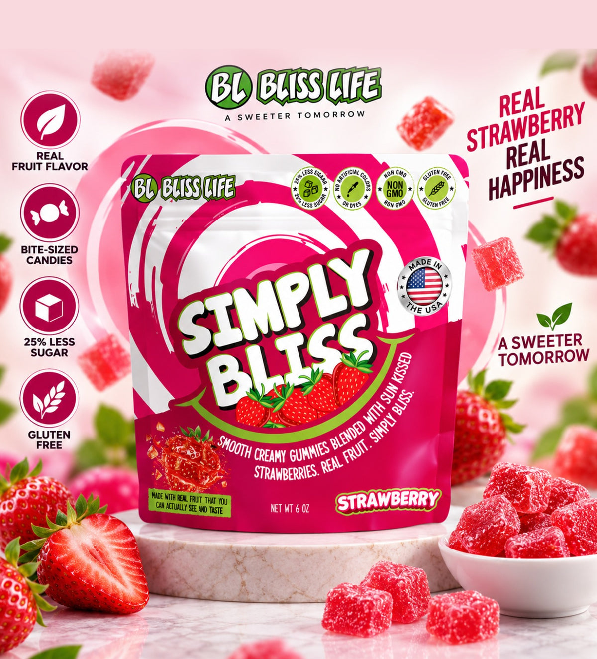Simply Bliss - REAL Fruit Gummies - Strawberry - 6oz lg bag 60+ gummies