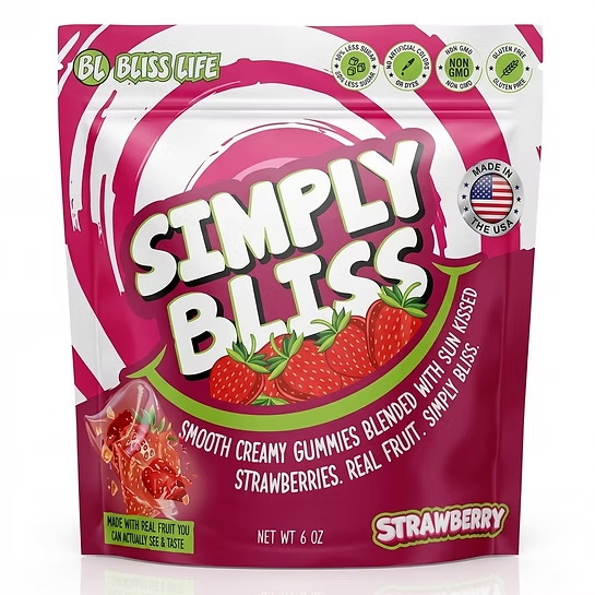 Simply Bliss - REAL Fruit Gummies - Strawberry - 6oz lg bag 60+ gummies